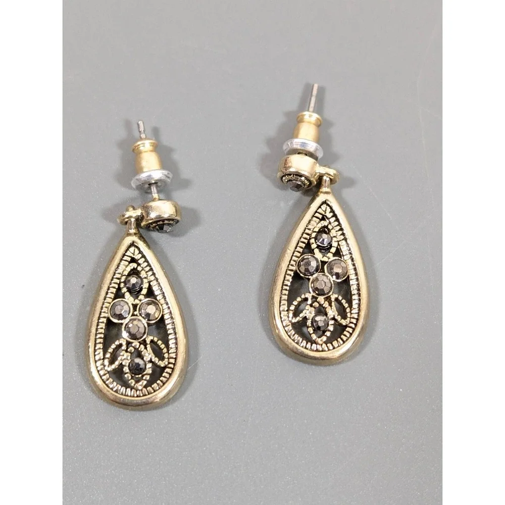 Victorian Style Filigree Teardrop‎ Earrings Gold Tone Faux Marcasite